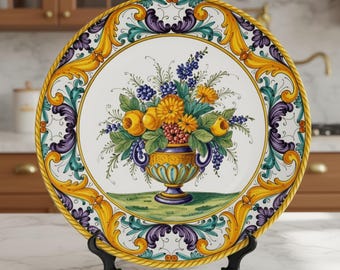 Tuscan Blue and Yellow Flourish Wall Art Plate Raffaellesco Style Including Stand