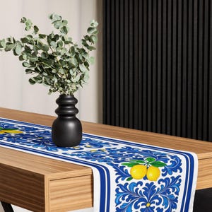 Italian Lemon Table Runner: Hand-Painted Style, Blue & White Mediterranean Decor
