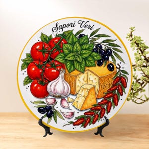 Italian Inspired by Culinary Art Display Plate Rustic Farmhouse Kitchen Decor Garlic Olives Design