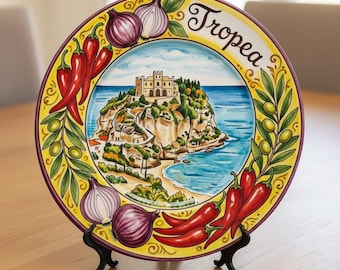 Coastal Tropea Italy Souvenir Decorative Plate, Ornate Mediterranean Mandala Ceramic Wall Art