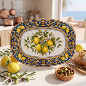 May include: An oval ceramic serving platter featuring a central illustration of a lemon branch with yellow fruit, green leaves, and white blossoms. The border displays a decorative pattern of blue and gold scrolls interspersed with small lemons.