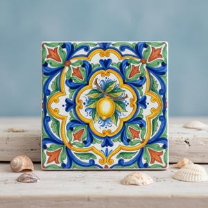 Mediterranean Lemon Tile Ceramic 4" Coaster | Handpainted Style Cork Back