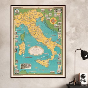 Art mural vintage avec carte de l'Italie - Une pièce intemporelle mettant en valeur le charme de la cartographie historique, parfaite pour une décoration classique et sophistiquée.