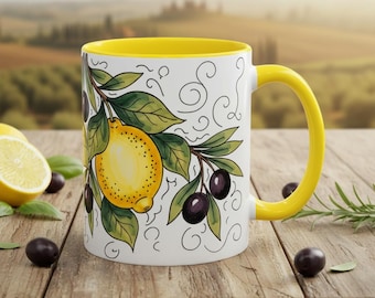 Caneca rústica com limões e oliveiras - Cerâmica em estilo mediterrâneo