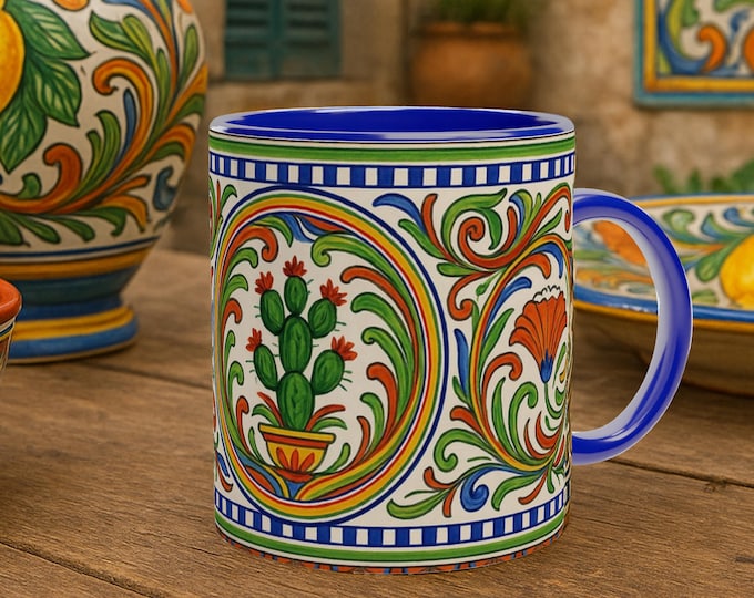 Sicilian Style Pottery Mug, Cactus & Prickly Pear Design, Swirling Art, Artisan Coffee Cup