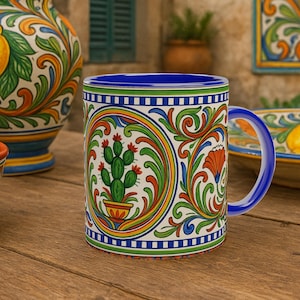 May include: A blue and white ceramic mug with a colorful floral design featuring a cactus plant. The mug has a blue rim and handle.