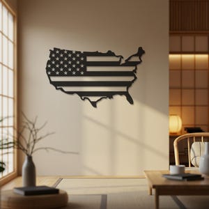 Arte de pared metálico con la bandera de EE. UU. - Decoración de pared con mapa de la bandera estadounidense - Letrero patriótico de Estados Unidos - Recorte de acero negro para oficina y hogar