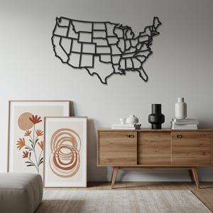 Arte mural metálico con mapa de EE. UU. - Decoración de pared moderna de Estados Unidos - Recorte de mapa americano - Arte industrial de acero negro - Letrero de pared para oficina y hogar