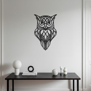 Decorazione da parete in metallo a forma di gufo - Decorazione da parete astratta a forma di gufo saggio - Decorazione da parete moderna in metallo nero per ufficio o soggiorno