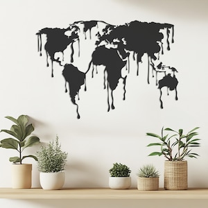 Décoration murale en métal, carte du monde dégoulinante - Décoration minimaliste moderne de carte du monde - Décoration murale sur le thème du voyage pour le bureau et la maison