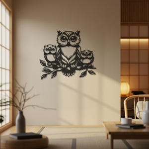 Decorazione da parete in metallo a forma di famiglia di gufi / Decorazione da parete moderna a forma di gufo nero / Scultura da parete a forma di famiglia di gufi / Decorazione da parete in acciaio a forma di animale per esterni o interni