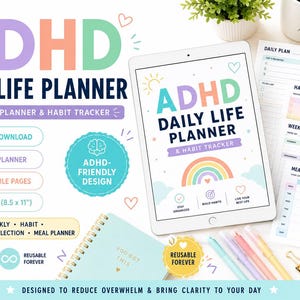 May include: A digital ADHD Daily Life Planner displayed on a tablet screen, featuring a rainbow graphic and pastel text. The set includes printable pages for daily planning, habit tracking, weekly overviews, and meal planning in A4-style 21.6 x 27.9 cm size.
