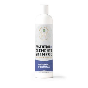 May include: White plastic bottle of dog shampoo labeled "MPC GOLD Herbal Pet Products Essential Elements Shampoo with Hemp & Argan Oils Original Formula 18 fl oz (532 ml)"