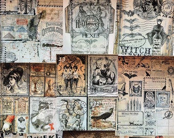 Op de afbeelding: Een collage van vintage Halloween-afbeeldingen, waaronder een heks, vleermuizen, een kat en een raaf. De afbeeldingen zijn gedrukt op papier en hebben een verweerde uitstraling. De tekst "Halloween Hexes" is zichtbaar in het midden van de collage.