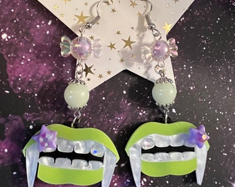 Sugar Fangs earrings, Pastel Goth Kawaii handmade  OOAK Vampire Candycore Day of the Dead Halloween