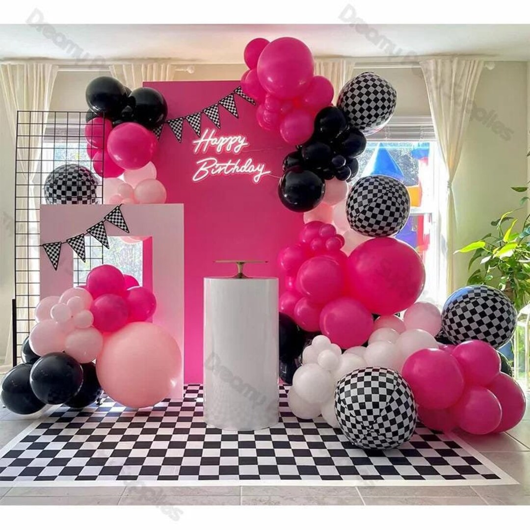 127pcs Matte Hot Pink Checkered Balloons Garland Kit - Race Car Balloon ...