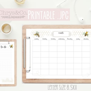 May include: Printable monthly calendar and to-do list with a bee and honeycomb design. The calendar has a space for each day of the week and the to-do list has lined spaces for writing.
