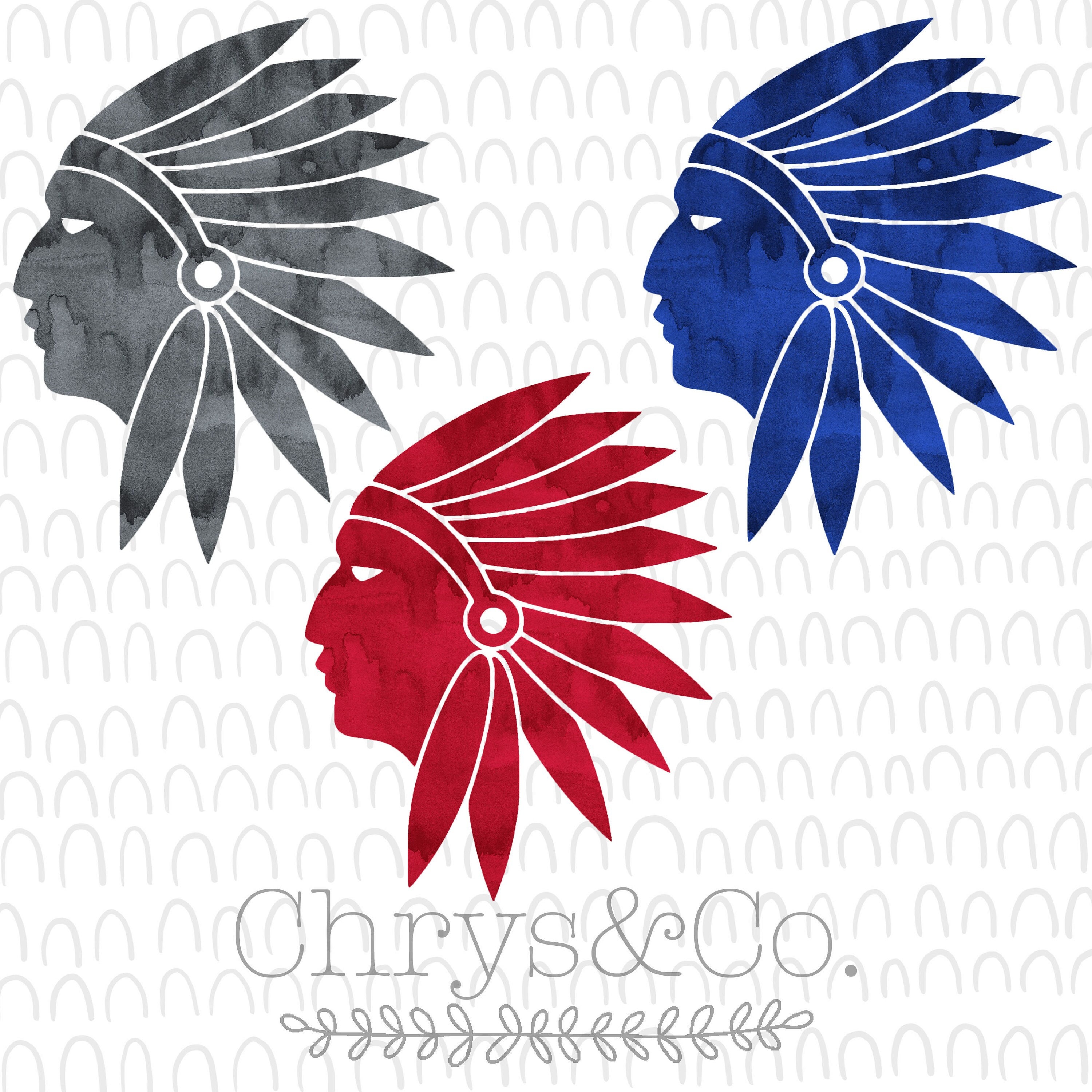 Apache Indian Cherokee Feather Red Blue Gray Watercolor Set PNG File Digital Design Clip Art | Instant Download | DIY