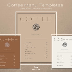 Modelo de menu de cafeteria moderna, menu de cafeteria minimalista, para impressão, download digital, menu de cafeteria editável, faça você mesmo