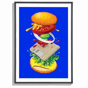 Pode incluir: Uma ilustração digital de um hambúrguer com um disquete no meio, sobre um fundo azul. O hambúrguer é composto por um pão, alface, tomate, cebola e queijo.