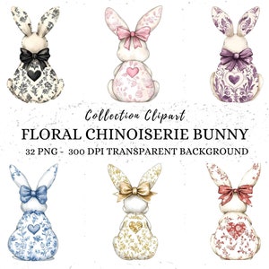Blue Floral Chinoiserie Bunny Png, Happy Easter Bunnies Png, Blue Toile Easter Rabbit, Coquette Bow Png, Vintage Chinoiserie Floral Clipart
