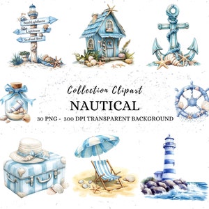 Watercolor Nautical Coastal Clipart, Png Beach Clipart, Summer Beach Png, Ocean Clipart Watercolor, Travel Png Design, Sea Cliparts