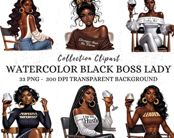 Watercolor Black Lady Boss Clipart: PNG Bundle (Digital Download)