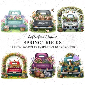 May include: A collection of six vintage pickup trucks decorated with spring flowers, wreaths, and other floral arrangements. The trucks have different colors and designs, including a turquoise truck with the text "Welcome Spring", a black truck with the text "Hello Spring", a white truck with the text "Thankful for Spring", a red truck with the text "Thankful for Spring", a purple truck with the text "Country Spring", and a teal truck with a wreath and the text "Spring".
