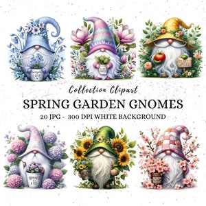 Watercolor Spring Gnomes Clipart, 20 JPG Garden Gnome Clipart, Spring Garden Clipart, Spring Gnome Bundle, Gnomes PNG, Flower Clipart,Floral
