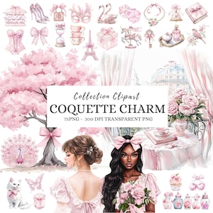 Watercolor Summer Clipart, Pink Coquette Aesthetic Clipart, Pink Coquette Png, Coquette Flowers PNG, Ribbon Bow, Vintage Pink Clipart,Rococo