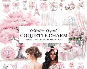 Watercolor Coquette Clipart: Pink Flowers, Ribbon Bows (PNG Digital Download)