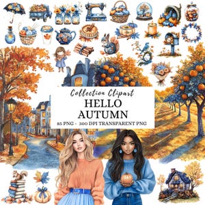 Clipart automne douillet aquarelle, clipart automne, illustration fille douillette, citrouille, automne artistique PNG, vibrations automnales, graphiques PNG automne, feuille