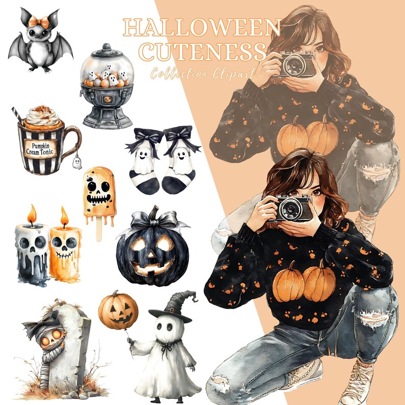 May include: Watercolor illustration of Halloween-themed items, including a bat, a gumball machine with ghosts, a mug of Pumpkin Cream Tonic, a popsicle, candles, socks, a pumpkin, a tombstone, and a ghost holding a balloon. The text reads "Halloween Cuteness Collection Clipart."