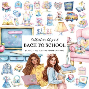 Acuarela Regreso a la escuela png Pastel escuela clipart Regreso a la escuela Profesor clipart Educación clipart Autobús escolar Libros Apple, Útiles escolares