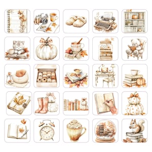 May include: A collection of watercolor illustrations featuring autumn-themed objects. Includes a notebook, camera, slippers, typewriter, books, pumpkins, cat, teacup, and a snow globe. The color palette is warm with shades of brown, orange, and cream.