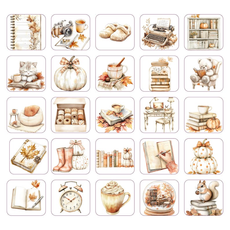 May include: A collection of watercolor illustrations featuring autumn-themed objects. Includes a notebook, camera, slippers, typewriter, books, pumpkins, cat, teacup, and a snow globe. The color palette is warm with shades of brown, orange, and cream.