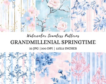 Watercolor Grandmillennial Seamless Patterns: Pastel Floral Designs (Digital Repeating Pattern)