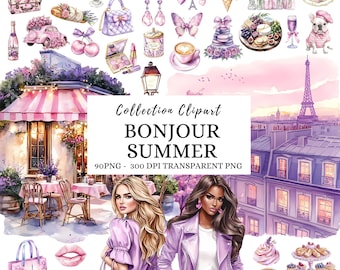 Watercolor Summer in Paris Clipart, Provence Lavender, Travel PNG (Digital Download)