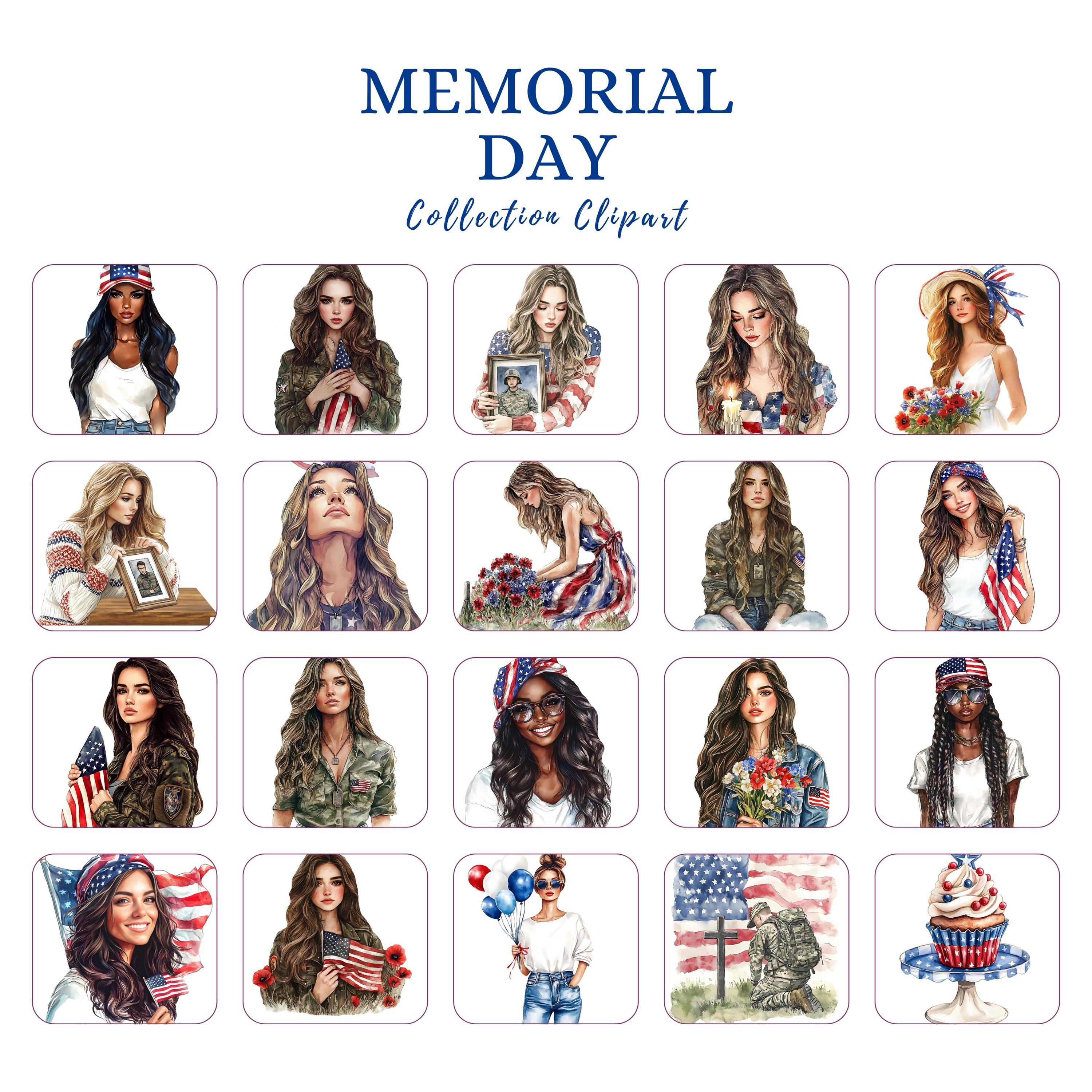 Watercolor Memorial Day Clipart: Patriotic PNG Bundle, American Flag ...