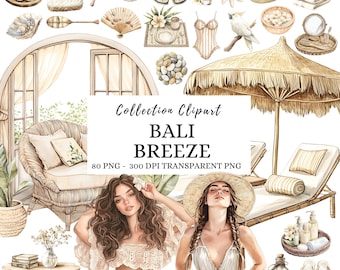 Watercolor Coastal Summer Clipart, Neutral Beach Clipart, Beige Boho Nautical PNG, Travel, Vacation, Neutral Summer Beach Time ClipArt