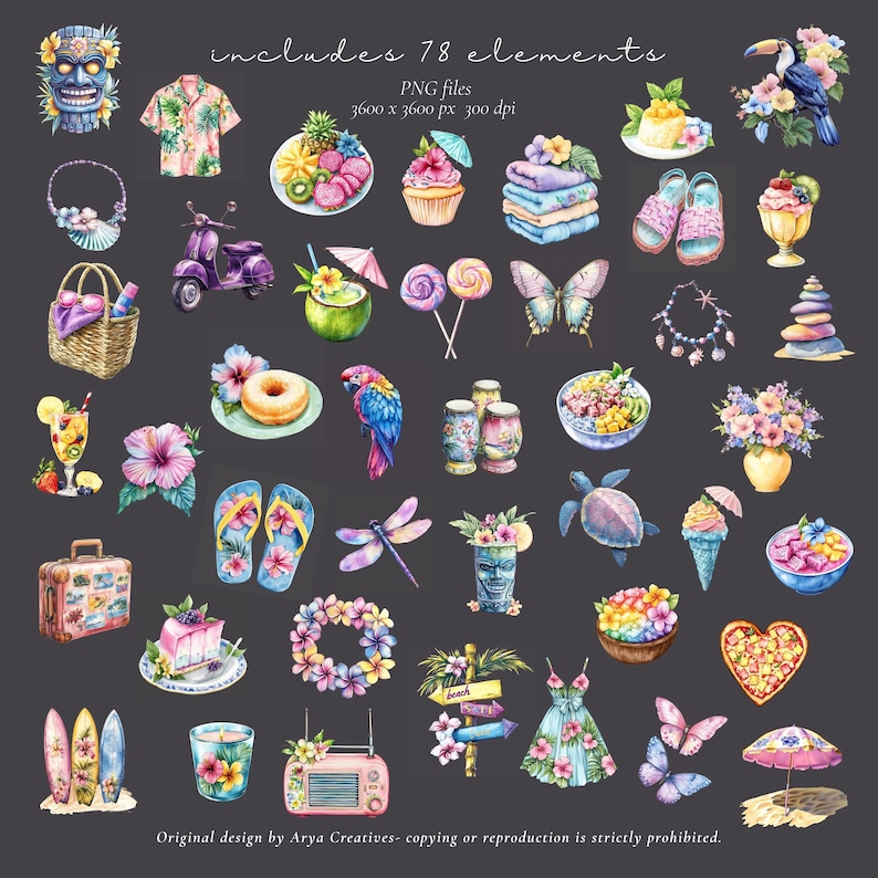 Watercolor Hawaiian Clipart Bundle, Tropical PNG, Beach Vacation Clipart, Luau Summer Graphics, Aloha Island Clipart, Commercial Use image 8