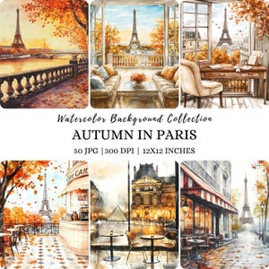 Watercolor Cozy Autumn Paris Clipart, Fall Jpg Graphics, Rustic Autumn, Eiffel Tower Clipart, Watercolor Paris Cafe, Autumn Digital Download