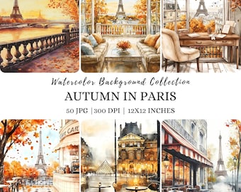 Watercolor Autumn in Paris Clipart, Eiffel Tower (Digital Download)