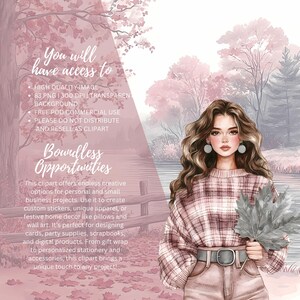 May include: Watercolor illustration of a woman in a pink plaid sweater holding gray leaves. The image has a soft, pastel color palette with text that reads "You will have access to" and "Boundless Opportunities".