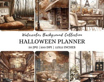 Watercolor Cozy Halloween Planner Background, Cute Fall Halloween Landscape Digital Paper Neutral Halloween Clipart Spooky Halloween Scenery