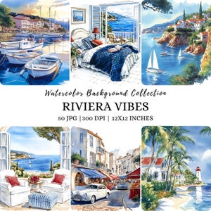 Clipart aquarelle d'été côtier, paysage méditerranéen, nautique, voyage Jpg, clipart ambiance estivale, côte méditerranéenne, arrière-plans de plage