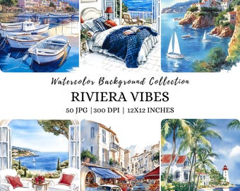 Watercolor Coastal Summer Clipart, Mediterranean Scenery, Nautical, Travel Jpg, Summer Vibe Clipart, Mediterranean Coast, Beach Backgrounds