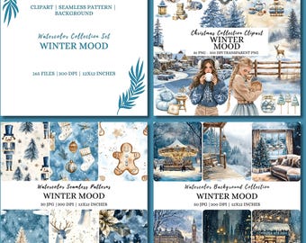 Watercolor Winter Clipart Bundle, Snowy Illustrations, Cottagecore Christmas Graphics (Digital Download)