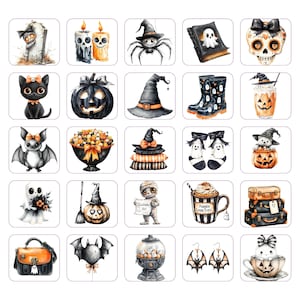 May include: A collection of watercolor illustrations featuring Halloween-themed objects. The images include a black cat, witch hats, pumpkins, bats, a skull, and a mummy. The color palette is primarily orange, black, and white.