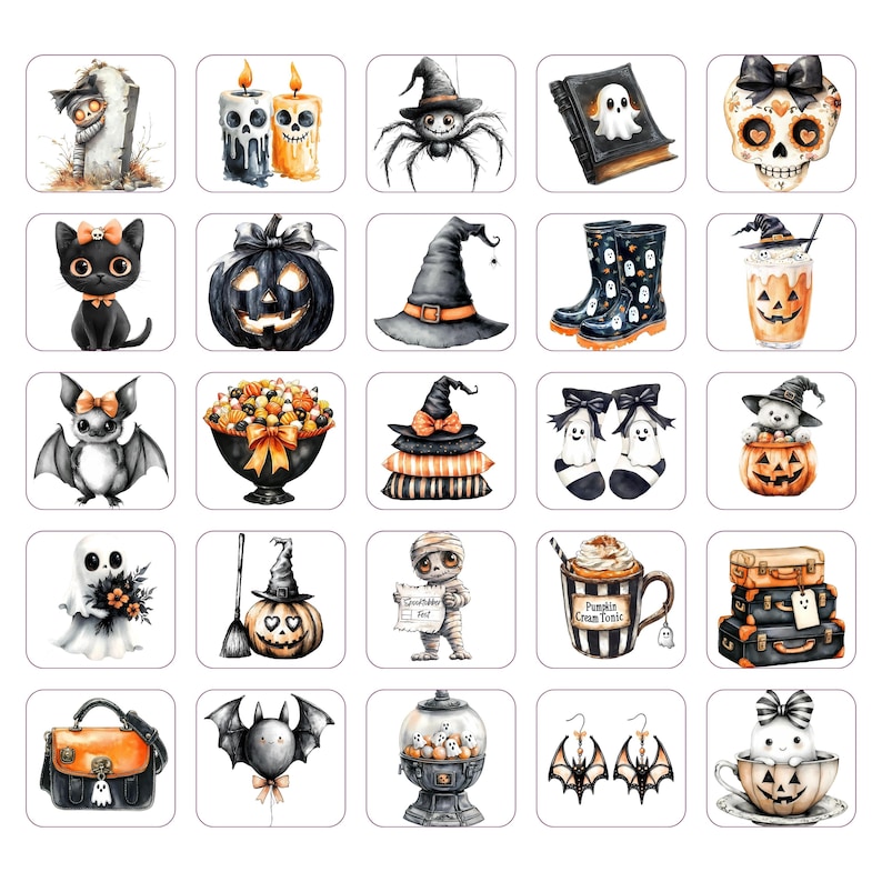 May include: A collection of watercolor illustrations featuring Halloween-themed objects. The images include a black cat, witch hats, pumpkins, bats, a skull, and a mummy. The color palette is primarily orange, black, and white.